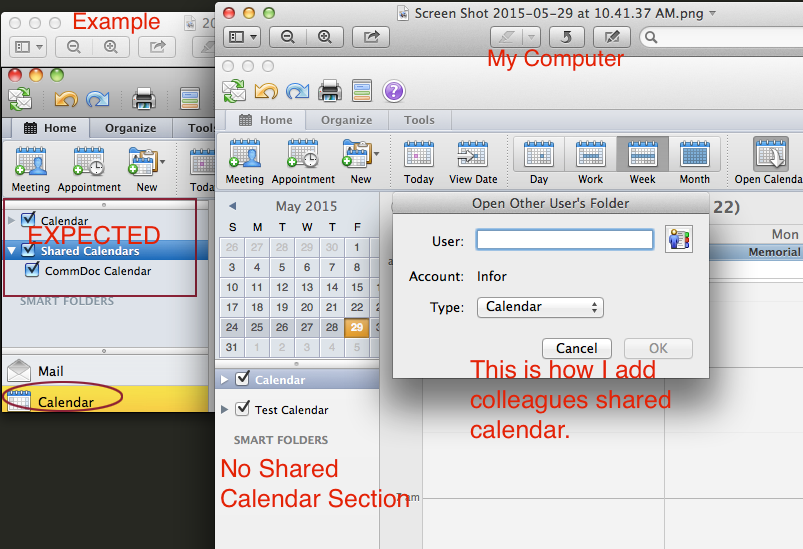 opening outlook shared calendar in office for mac